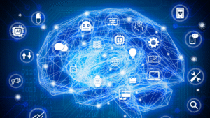 Diagrama de arquitetura com dados de logs e métricas alimentando modelos de machine learning para alertas preditivos.