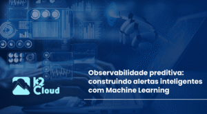 Diagrama de arquitetura com dados de logs e métricas alimentando modelos de machine learning para alertas preditivos.